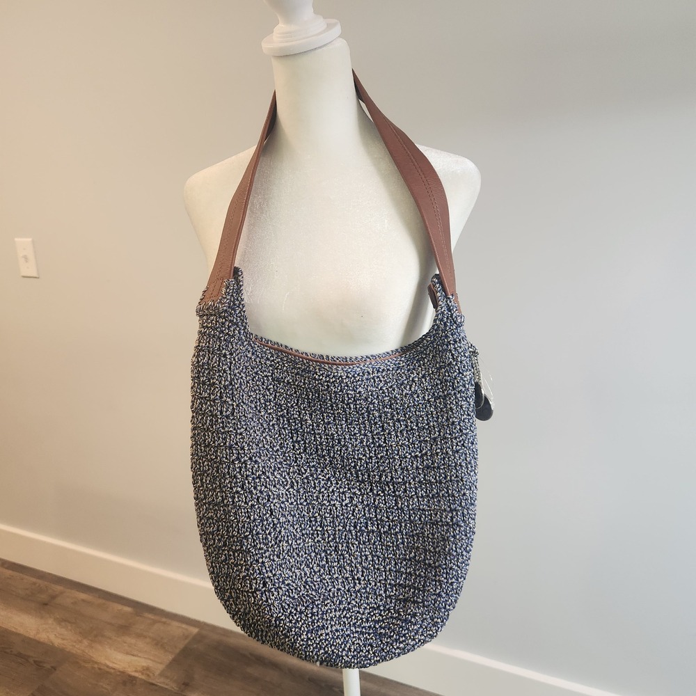 The Sak Crochet Hobo Bag Women Large Blue Tan NWT Slouchy Shoulder Bag